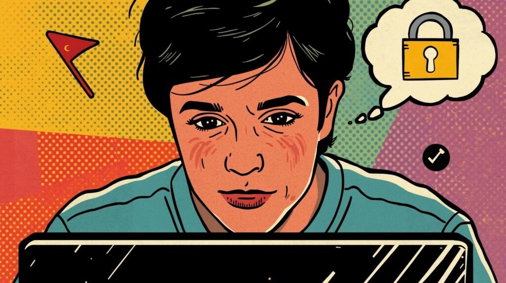 Pop art illustration of focused person with laptop, thought bubble shows padlock for digital security.