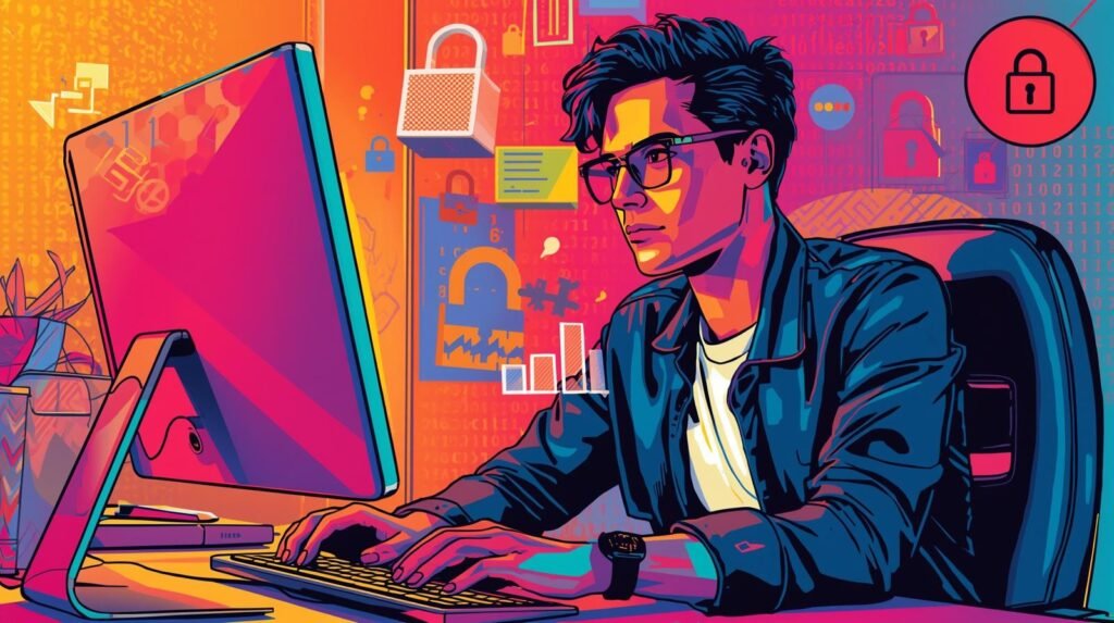 Cybersecurity expert intensely working amidst digital symbols and tech elements.
