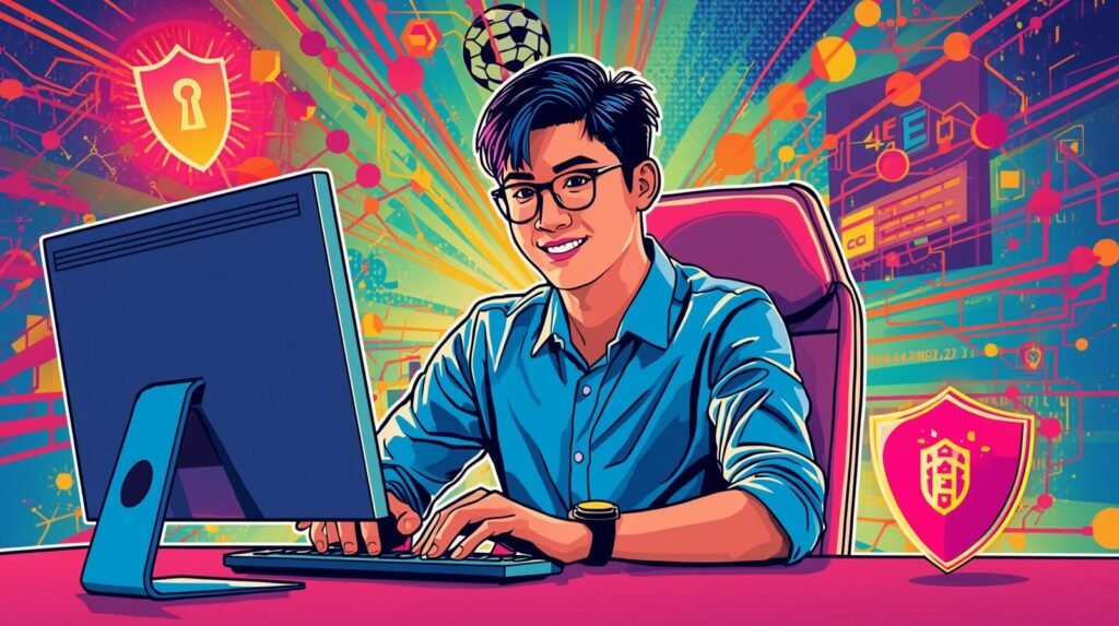 Young professional at computer, embracing cybersecurity, innovation, and technology in vibrant digital workspace.