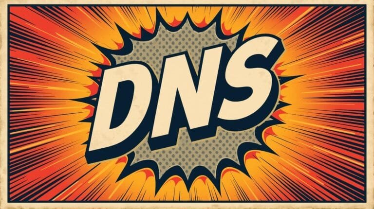 Explosive vintage comic style DNS logo with fiery burst and retro texture.
