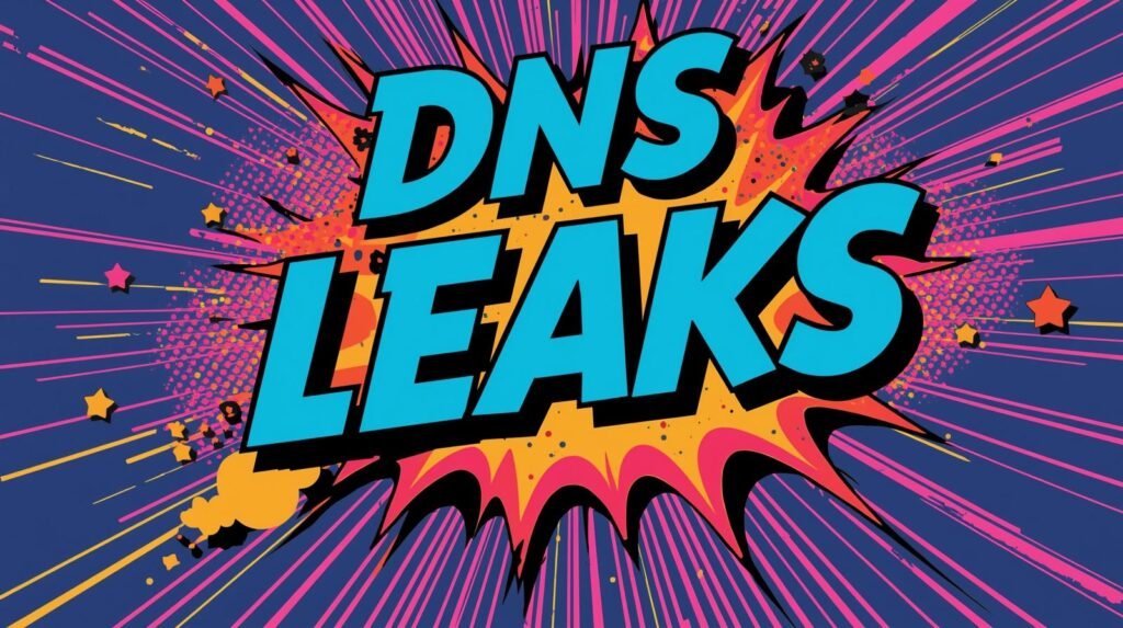 Comic-style DNS Leaks text with vibrant explosive burst and radial lines.