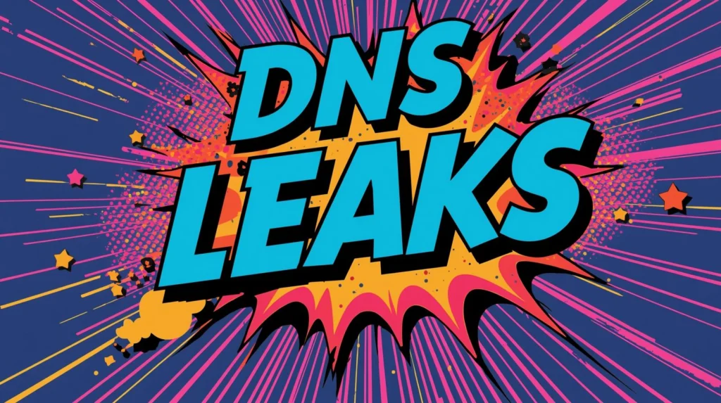 Comic-style DNS Leaks text with vibrant explosive burst and radial lines.