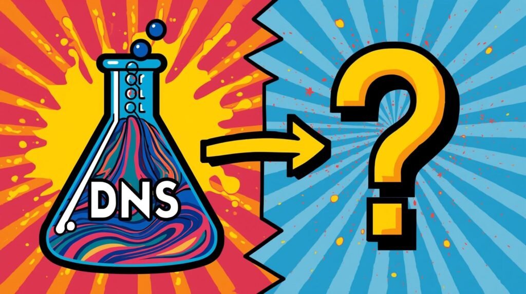 DNS Is a Silent Lab Killer (And Almost Nobody Tests It)🧪 4 Dynamic DNS illustration: colorful flask and question mark, symbolizing internet mysteries.