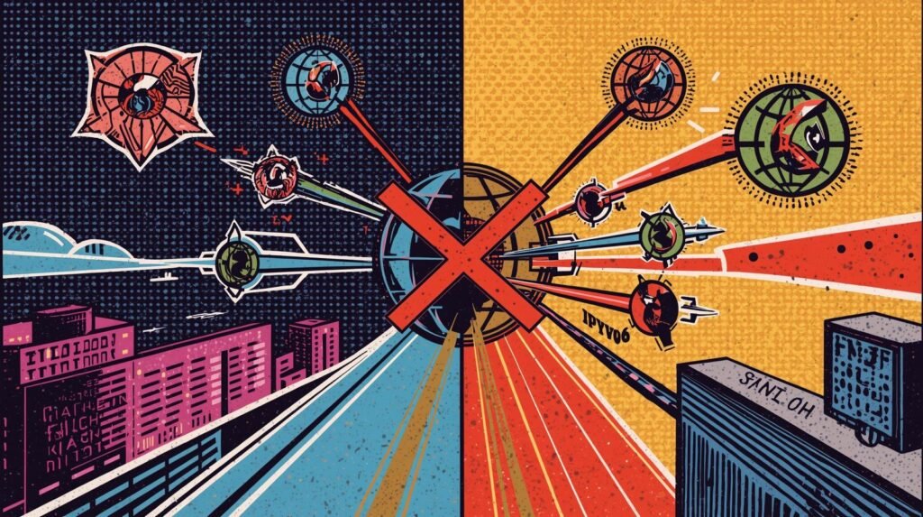 Kill Switches That Lie: 7 VPN Kill Switch Failures That Look Safe (But Aren’t) ⚠️ 5 Retro comic scene with dual-colored halves, globe, futuristic cityscape, planets, and technology motifs.