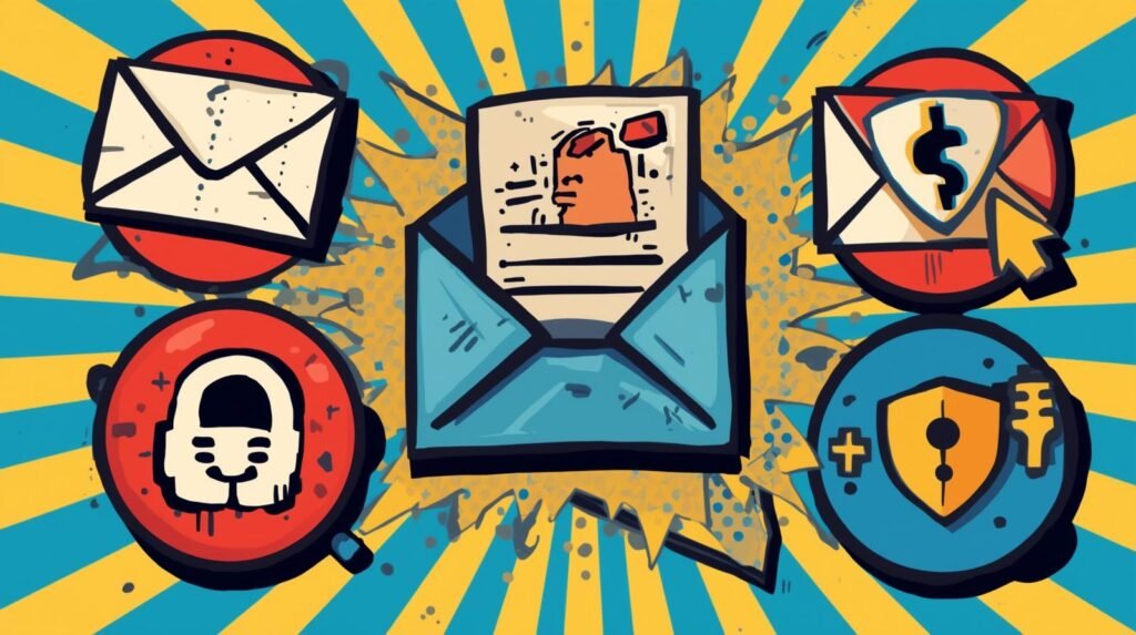 Email and cybersecurity illustration with envelope, padlock, notification, and protection icons.
