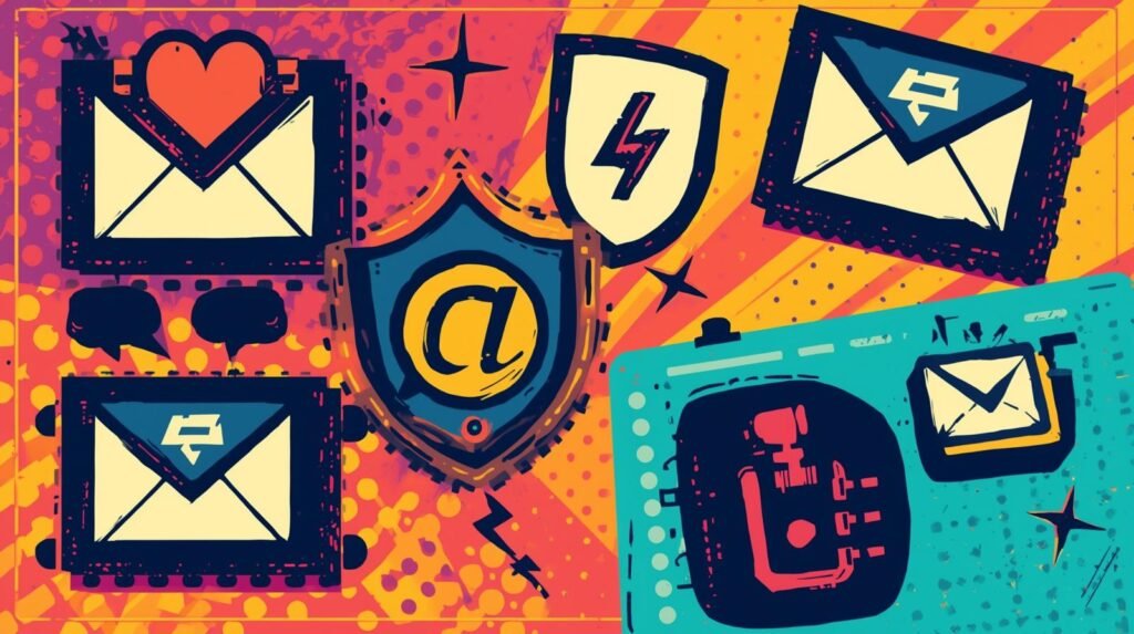Abstract illustration of digital communication: envelopes, security shield, multimedia icons, vibrant colors.