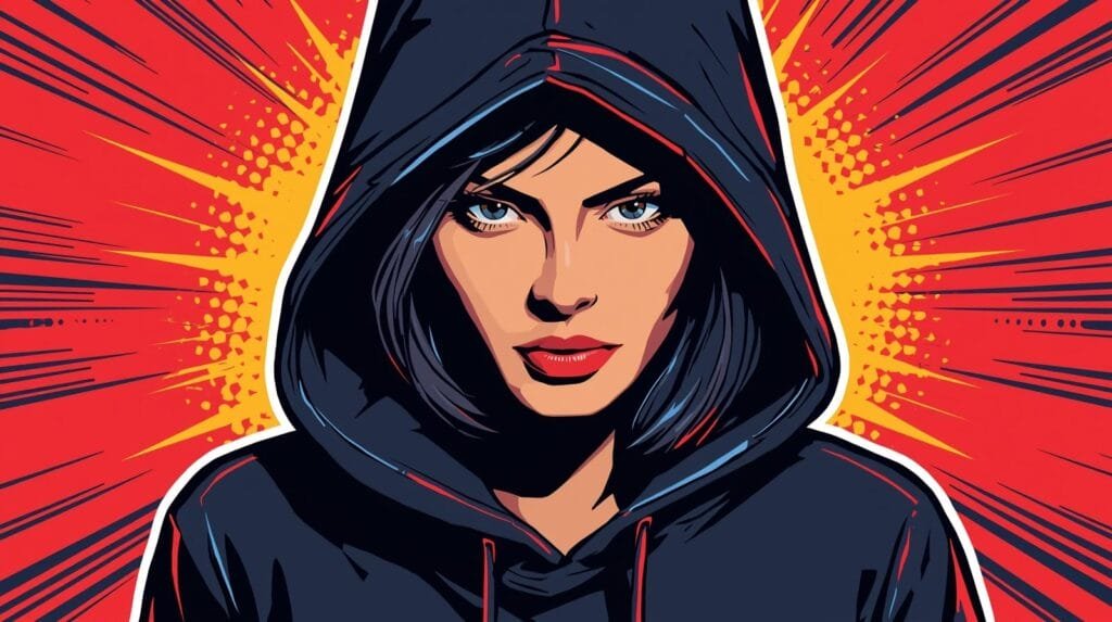 Stylized comic illustration of confident woman in hood with vibrant pop art background.