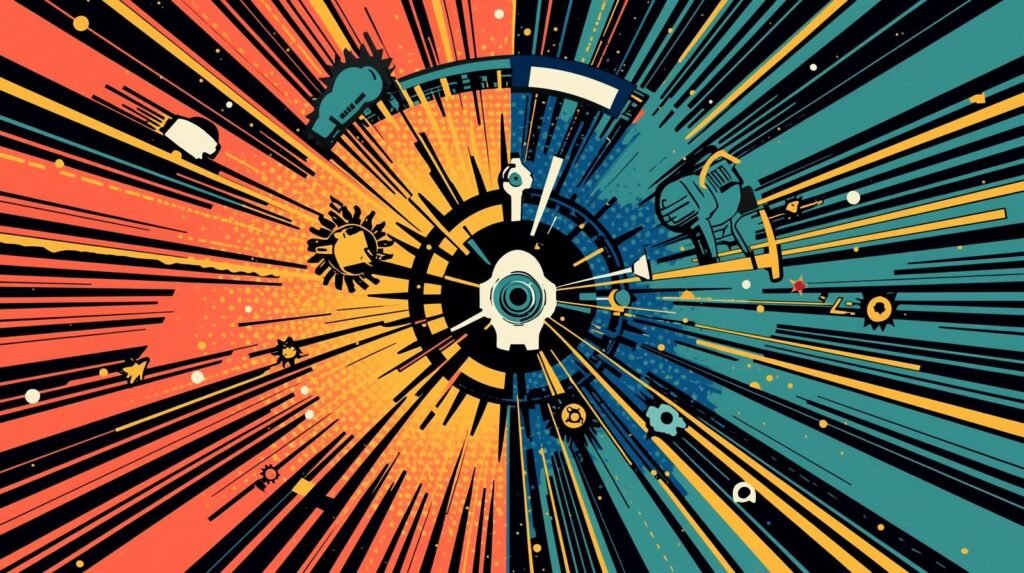 Abstract energy explosion with vibrant radial design and contrasting warm and cool tones.