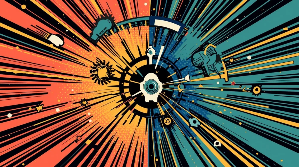 Abstract energy explosion with vibrant radial design and contrasting warm and cool tones.