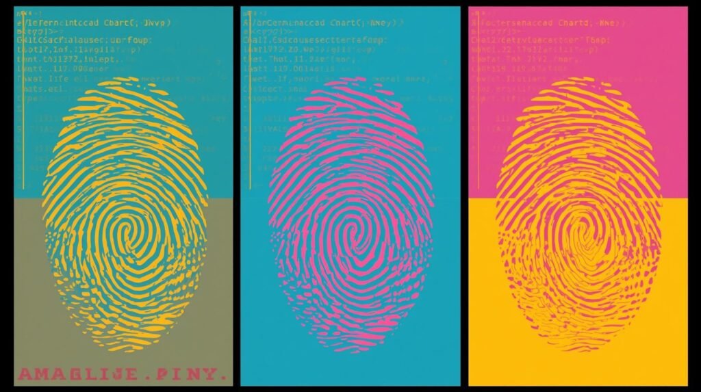 Browser Fingerprinting in Ethical Hacking Labs: How You Get Tracked Without an IP 🧠 5 Vibrant triptych of colorful fingerprints symbolizes digital identity and technology with coding details.