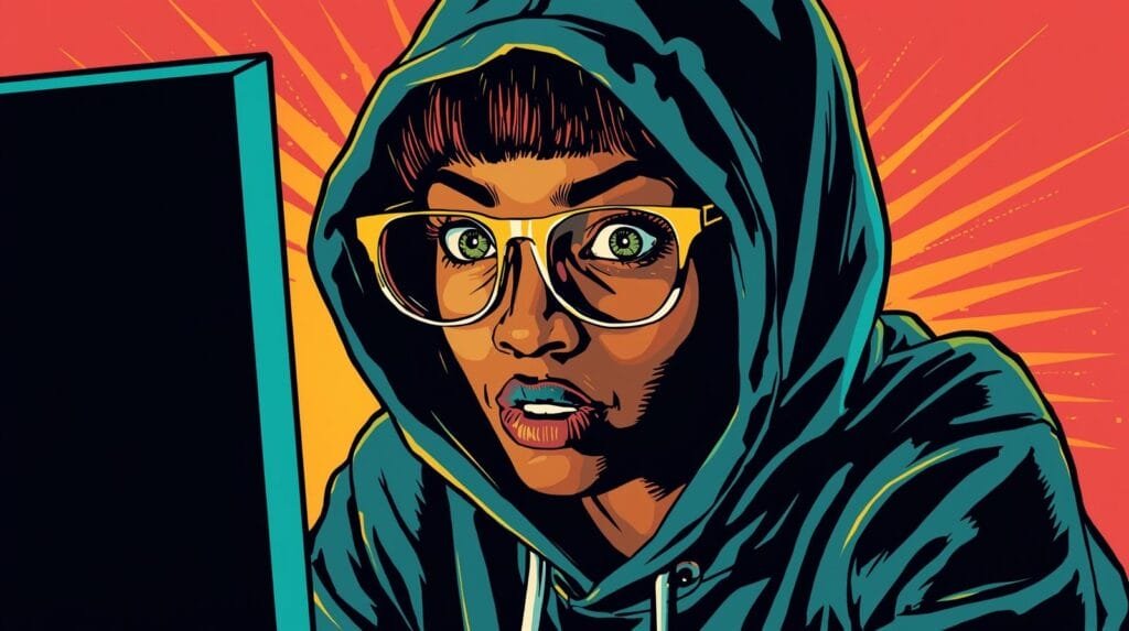 How Routers Break OPSEC Without You Noticing 🧠 3 Hooded person intently focused on computer screen, vibrant comic-style illustration.