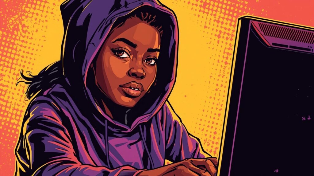 Youth in purple hoodie focused on computer against vibrant pop art background.