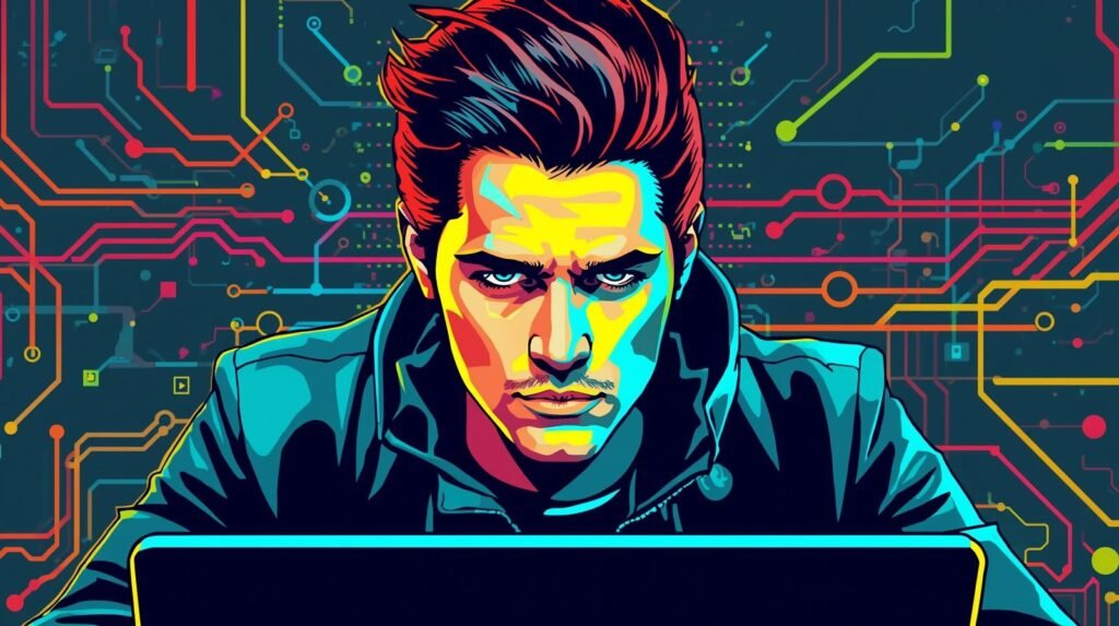 Focused person in vibrant digital setting, highlighting programming and technology interaction.