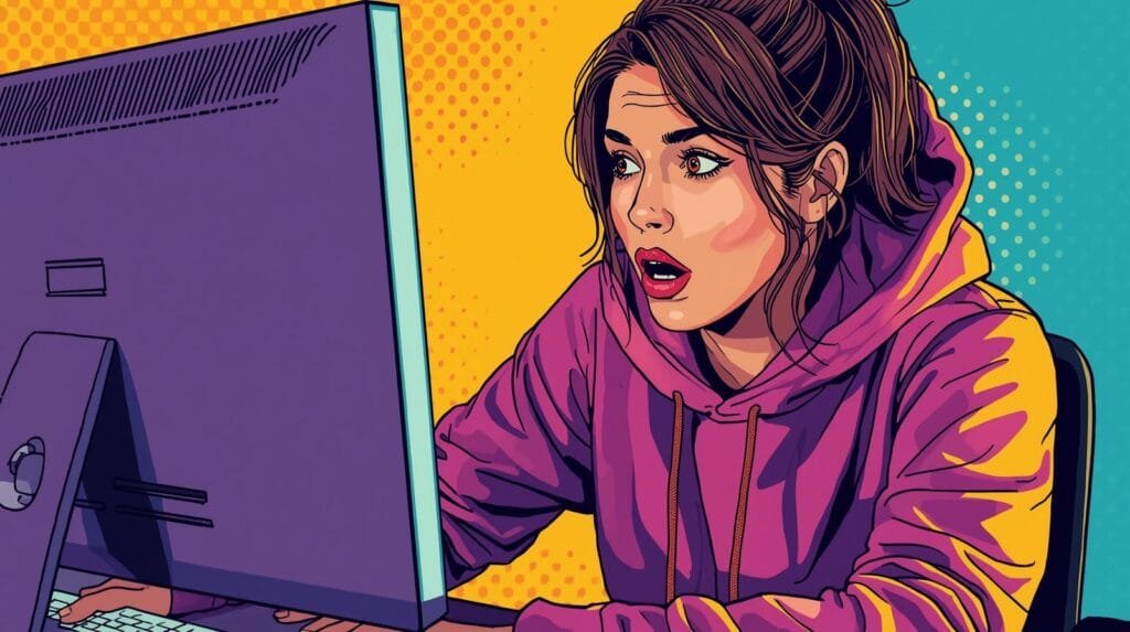 How Routers Break OPSEC Without You Noticing 🧠 6 Young woman in purple hoodie surprised at computer screen in vibrant pop art style.