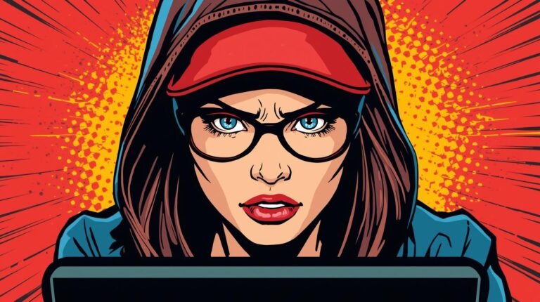 Young woman focused on screen, pop art style, intense gaze, vibrant comic book colors.