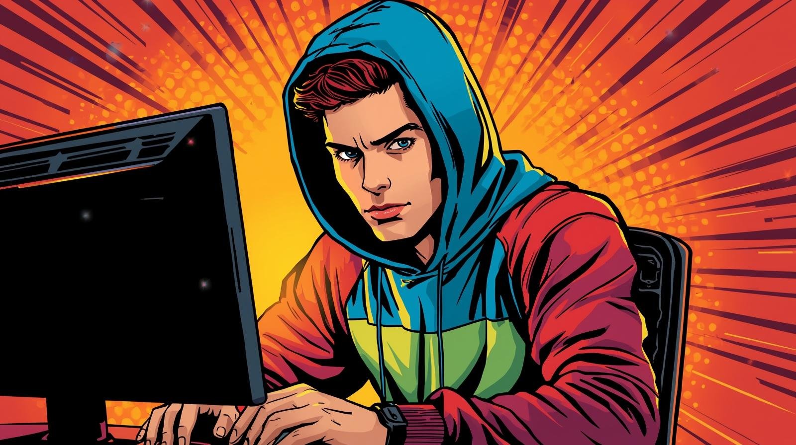 Young man focused on computer, vibrant hoodie, digital world, intense concentration, dynamic colors.