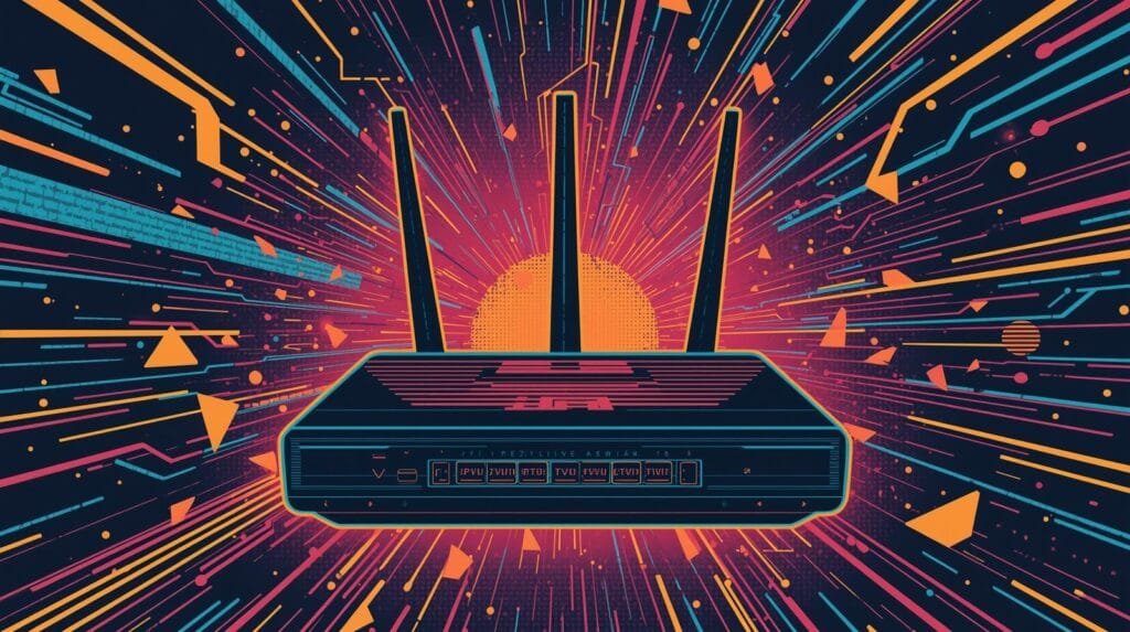 DNS Leaks on VPN Routers Explained🧠 3 Futuristic wireless router with vibrant energy, geometric shapes, and digital connectivity theme.
