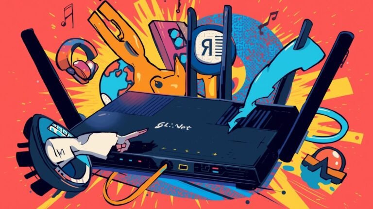 NordVPN on GL.iNet Routers: Real-World Performance, Leaks, and OPSEC Failure Points 😈 7 Vibrant GL.iNet router illustration with headphones, music notes, and connectivity symbols.