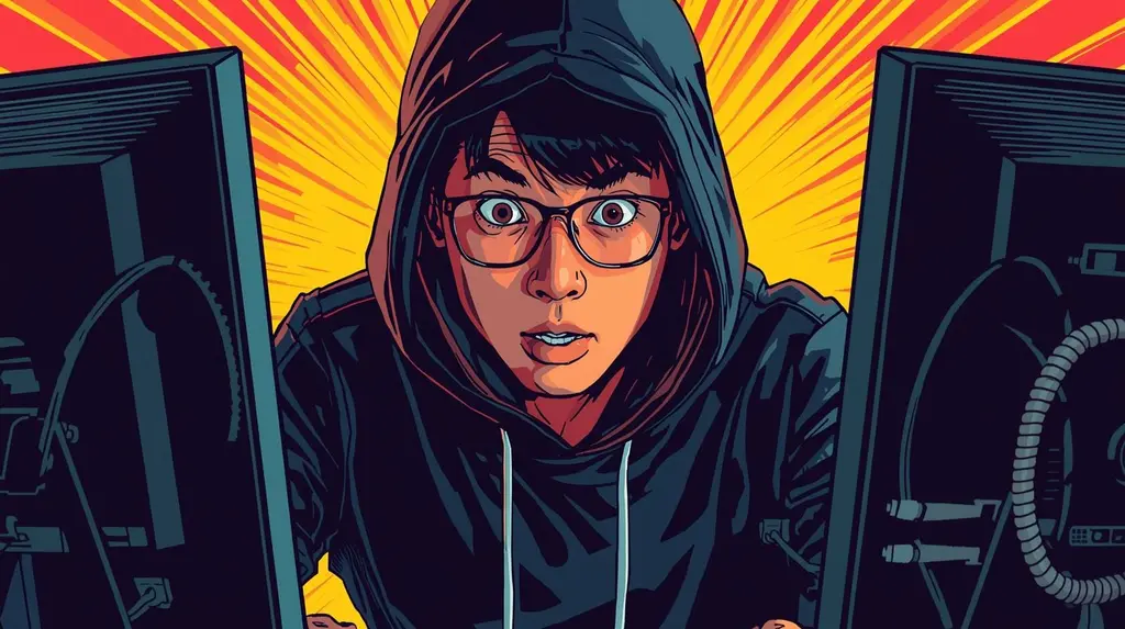 Focused hacker in hoodie at dual screens, surrounded by vibrant digital energy lines.