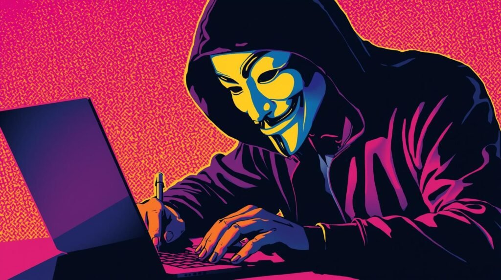 My Beginner Note-Taking System for Hacking Labs 🧠 4 Hacker in Guy Fawkes mask typing on laptop against vibrant digital-themed background.