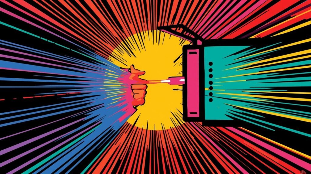 Pop art hand interacts with colorful energy from vintage teal TV set. Vibrant, dynamic scene.