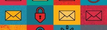 Vibrant grid of communication and security icons in pop-art style.