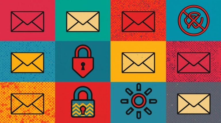 Business Email Compromise Explained: How Attacks Slip Past Security 🧩 8 Vibrant grid of communication and security icons in pop-art style.