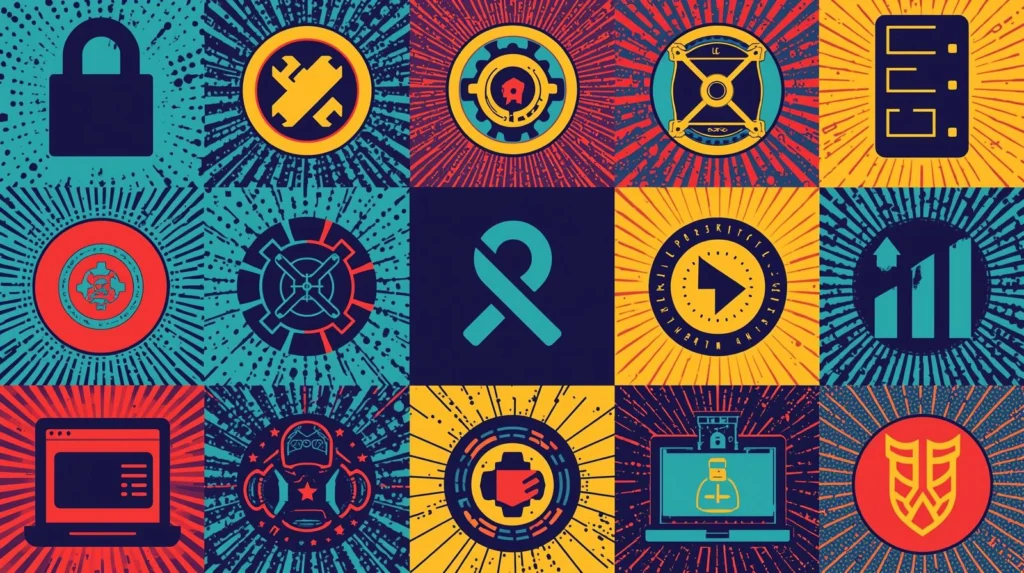Colorful security and technology icon mosaic showcasing vibrant designs and innovative themes.