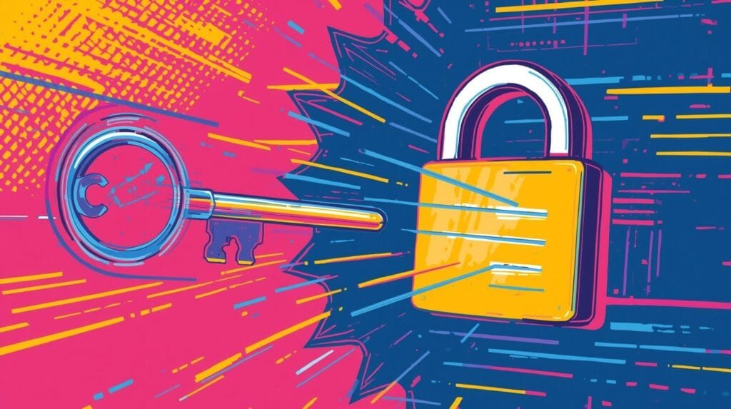 Key unlocking padlock illustration with vibrant colors and bold design elements.