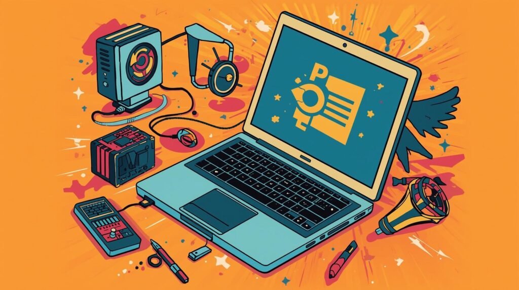 Multimedia-themed illustration with laptop, music elements, creativity tools, and a vibrant color palette.