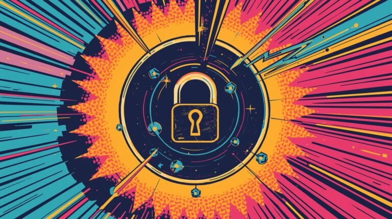 Dynamic illustration of a yellow padlock with vibrant colors and digital security elements.