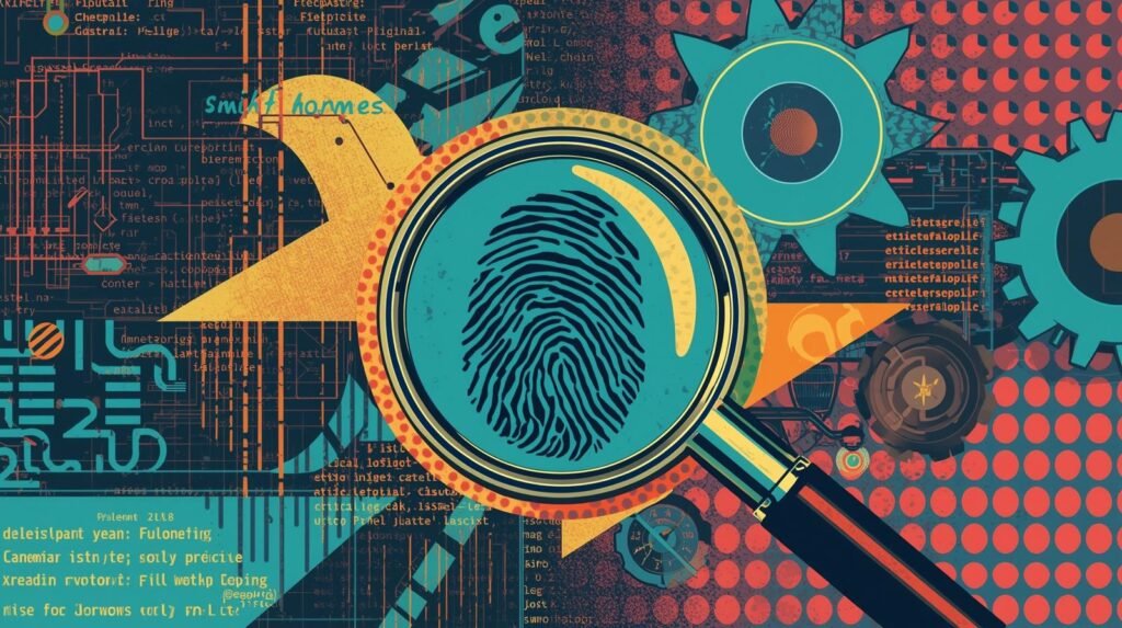 Browser Fingerprinting in Ethical Hacking Labs: How You Get Tracked Without an IP 🧠 3 Abstract artwork featuring a fingerprint under a magnifying glass with gears and digital elements.