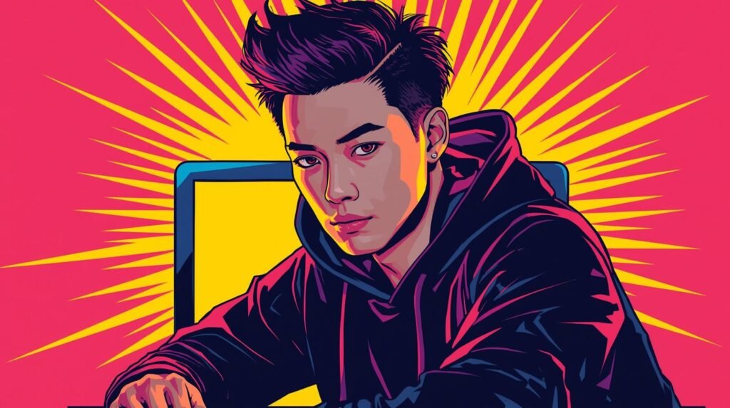 Pop art illustration of a stylish young man with vibrant colors and modern digital design.