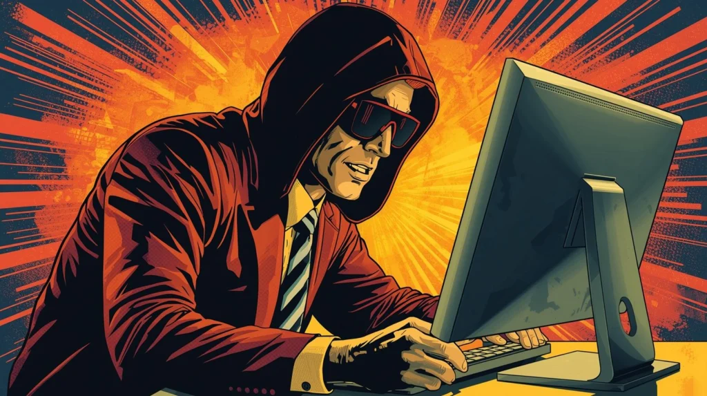 Mysterious person in red hoodie typing on computer with dynamic comic-style background.