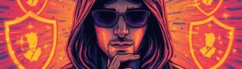 Mysterious hooded figure suggesting cybersecurity and digital identity protection with shield symbols.
