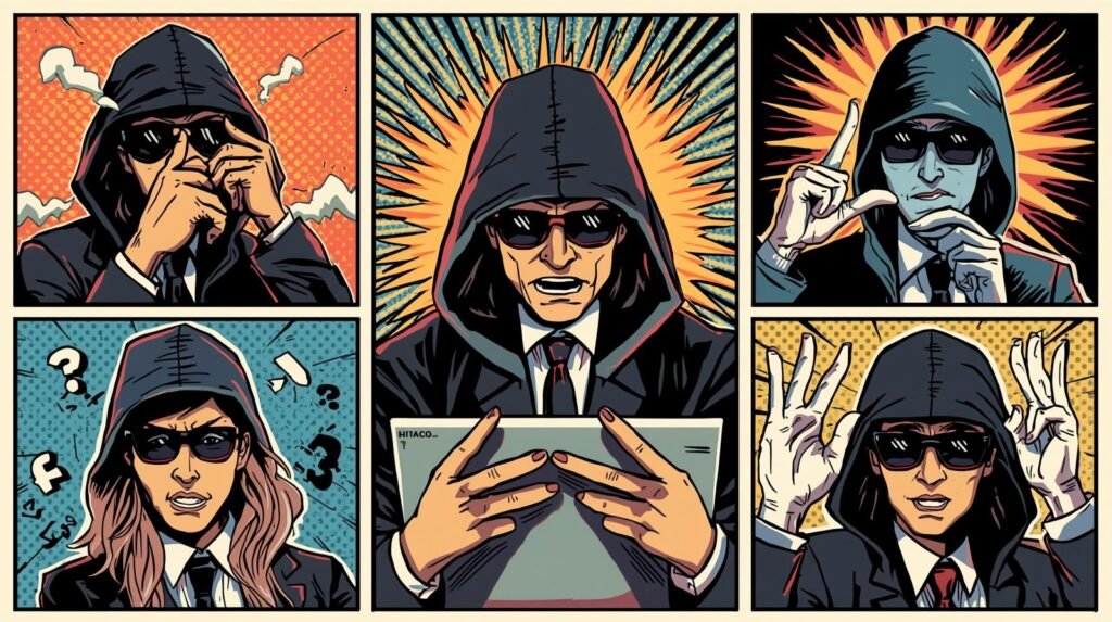 8 Brutal Ethical Hacking Beginner Mistakes (Parrot OS Lab) 🔓 3 Mysterious hooded figure in comic panels, sunglasses, technology, cleverness, dramatic action.