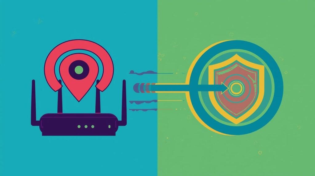 Wi-Fi router and shield highlighting network connectivity and cybersecurity concepts.