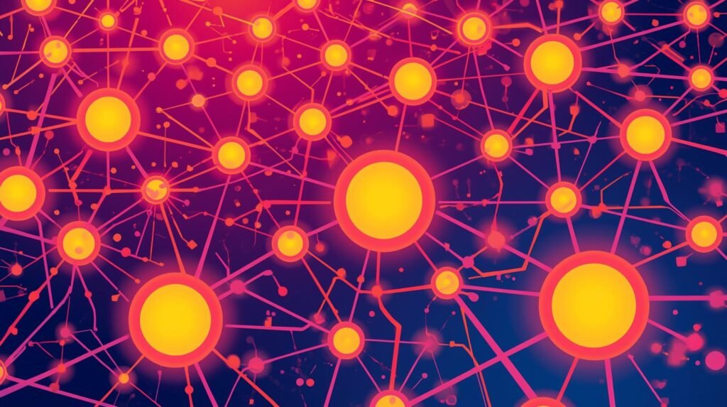 Dynamic network of glowing nodes and connections, symbolizing technology and information flow.