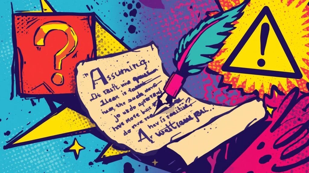 Pop art illustration with quill, parchment, question mark, and exclamation mark. Vibrant and dynamic.