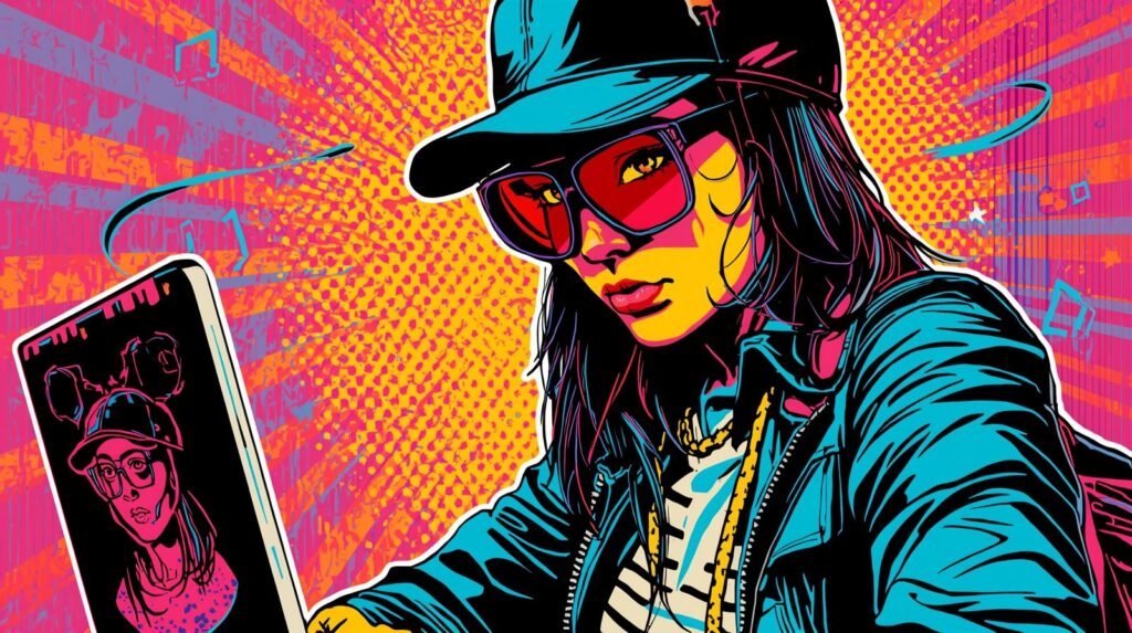 Urban youth engaged with digital tech amidst vibrant, colorful pop art-style background.