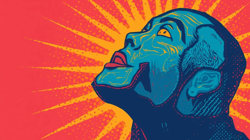 Pop-art face gazing upward against fiery background, vibrant colors and striking contours.