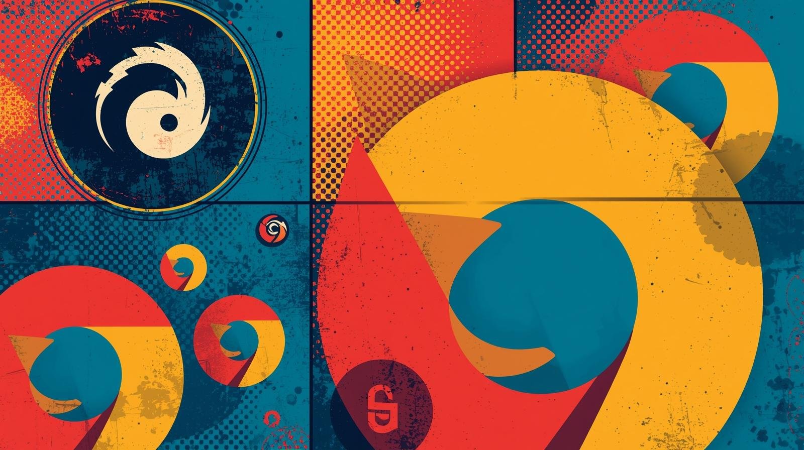 Browser Fingerprinting in Ethical Hacking Labs: How You Get Tracked Without an IP 🧠 1 Retro geometric art with primary colors, circles, yin-yang symbol, and textured patterns.