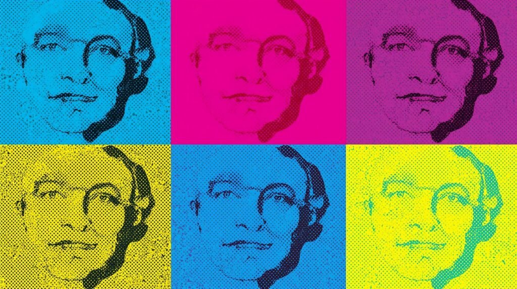 Pop art grid of repeated colorful male portraits using bold contrasts and halftone patterns.