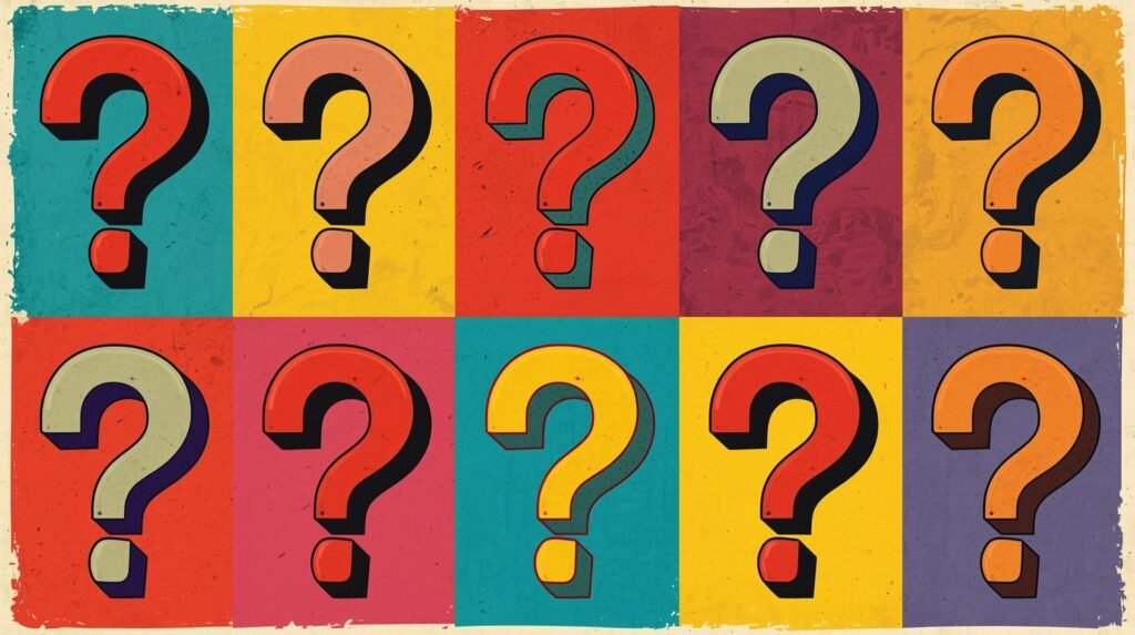 8 Brutal Ethical Hacking Beginner Mistakes (Parrot OS Lab) 🔓 5 Pop-art question mark grid with vibrant colors and retro comic book style.