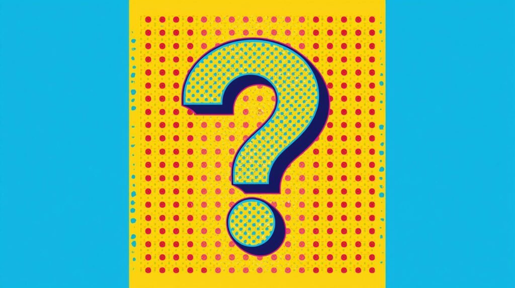 Pop art question mark with vibrant colors and bold patterns in a dynamic design.
