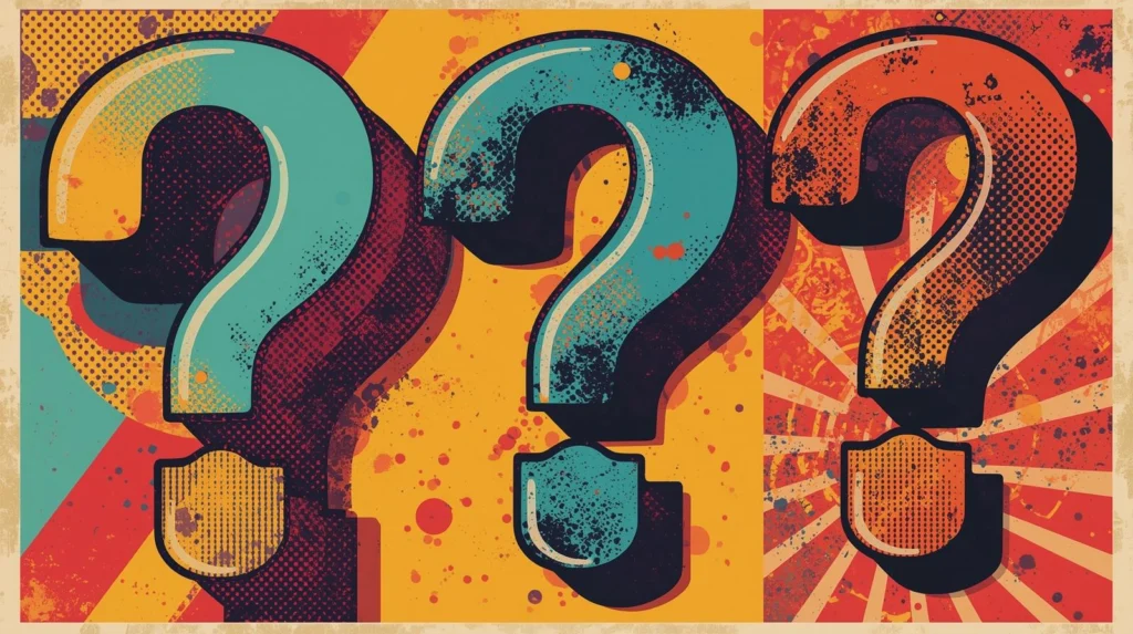 Pop art question marks in vibrant colors with retro graphic design elements.