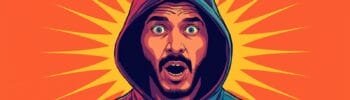 Pop art illustration of surprised man in purple-teal hoodie with orange sunburst background.