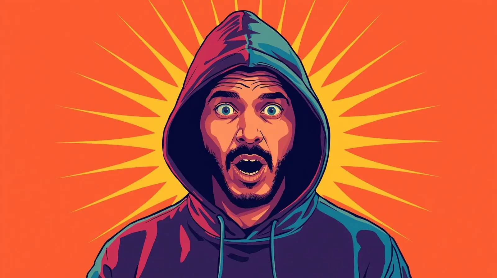 Pop art illustration of surprised man in purple-teal hoodie with orange sunburst background.