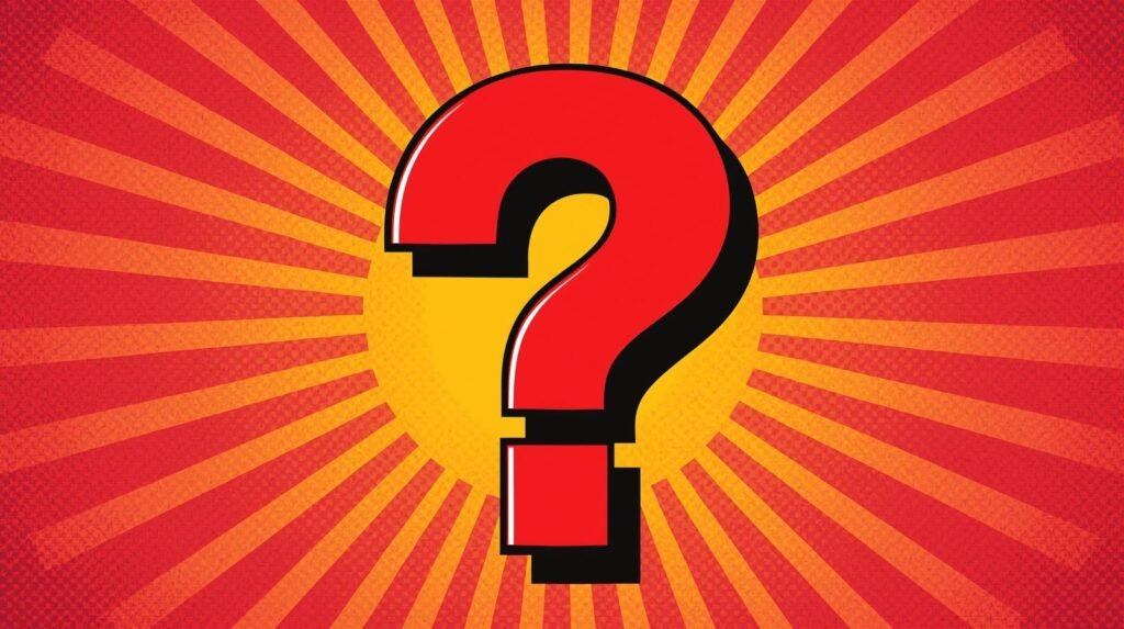 Bold red question mark on sunburst background, comic style, vibrant colors, retro pop art.