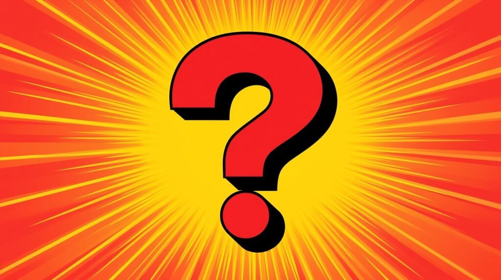 Bright 3D red question mark on explosive yellow, orange, red background; symbolizes curiosity and urgency.